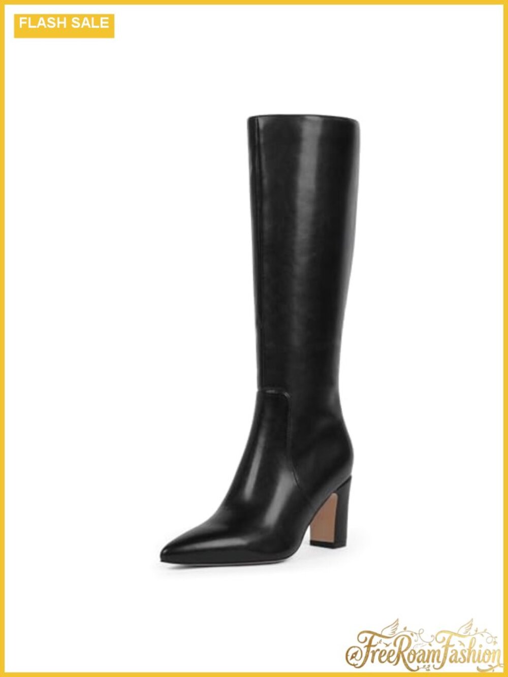Knee High Boots Pointed Toe Chunky Heel Faux Leather Tall Boots